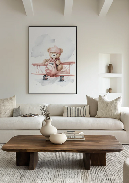 Teddybär Rosa Flugzeug Wolken Kinderzimmer Aquarell Malerei