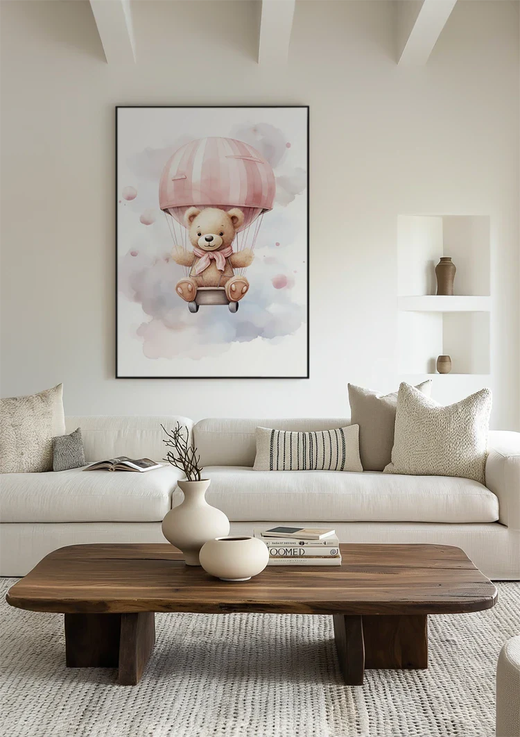Teddybär Rosa Heißluftballon Kinderzimmer Aquarellmalerei