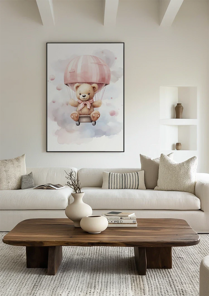 Teddybär Rosa Heißluftballon Kinderzimmer Aquarellmalerei