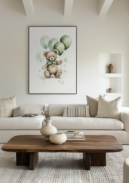 Niedlicher Teddybär Brauner Pelz Grüne Ballons Schleife Kinderzimmer Gemälde