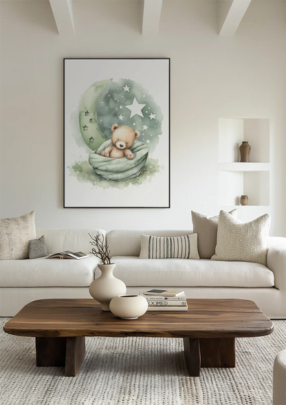 Schlafender Teddybär Grüne Mond Sterne Decke Verträumtes Kinderzimmer Gemälde