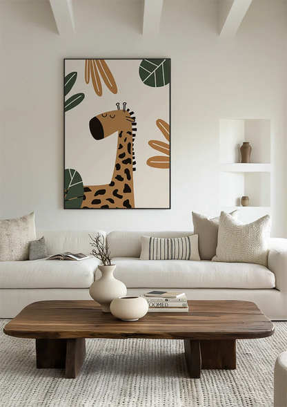 Niedliche Giraffe Geschlossene Augen Tropische Blätter Erdtöne Kinderzimmer Bild