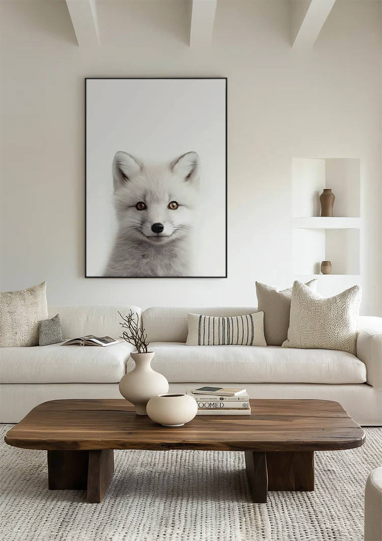 Weißer Fuchs Zwei Farbige Augen Weiches Fell Porträt Minimalistisches Gemälde