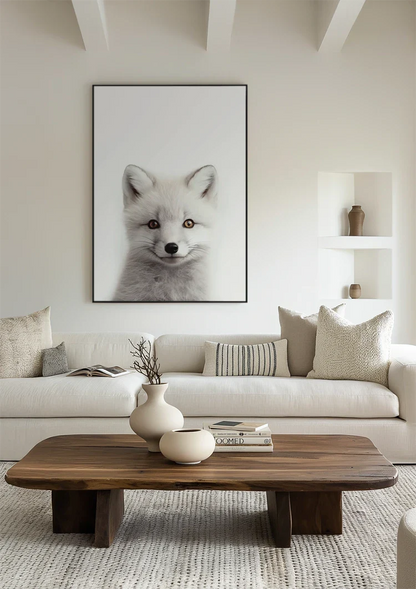 Weißer Fuchs Zwei Farbige Augen Weiches Fell Porträt Minimalistisches Gemälde