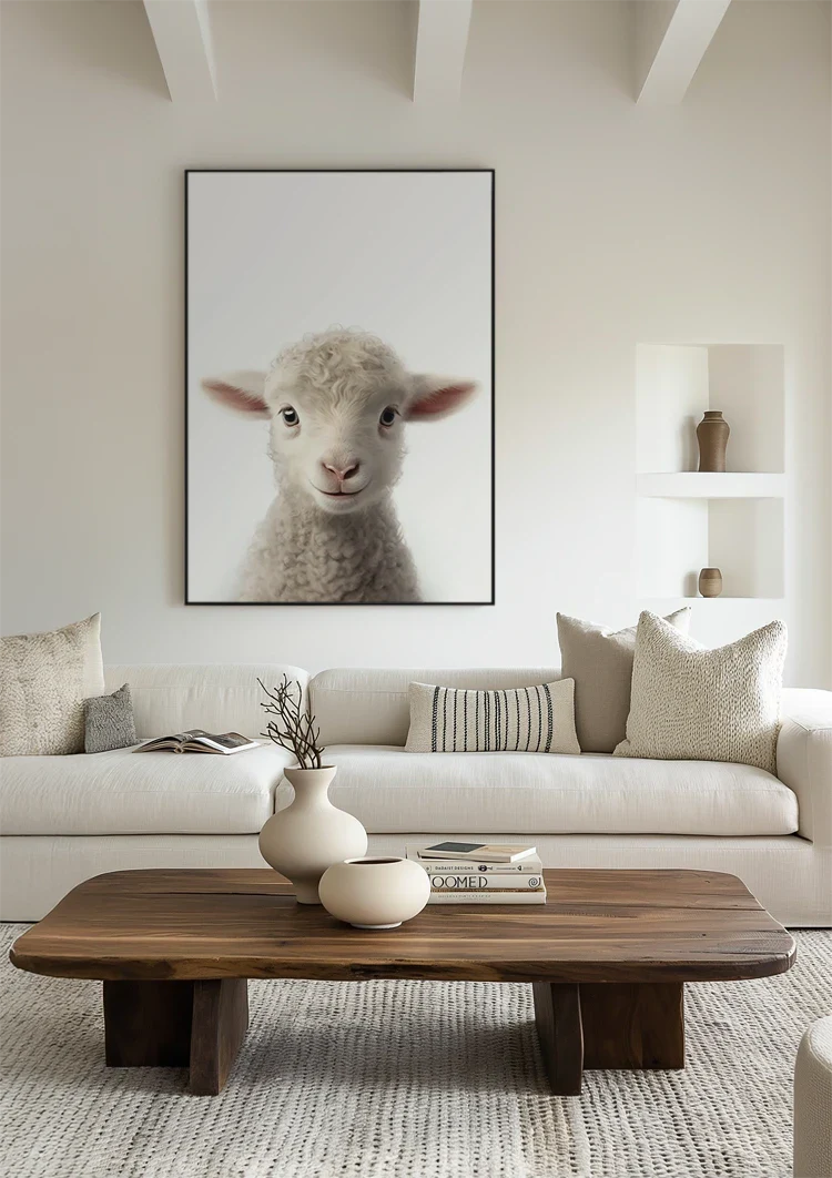 Niedliches Lamm Lockige Wolle Rosa Ohren Weiß Porträt Minimalistisches Gemälde