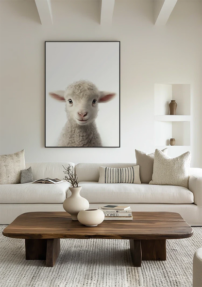 Niedliches Lamm Lockige Wolle Rosa Ohren Weiß Porträt Minimalistisches Gemälde