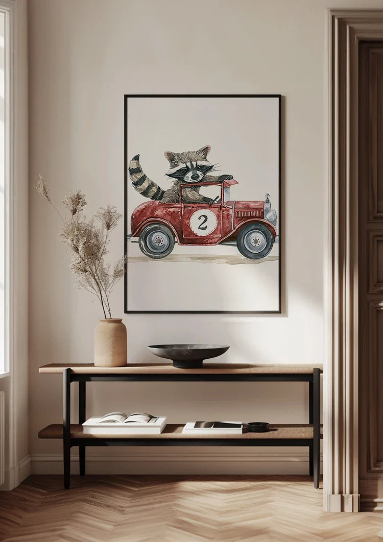Niedliches Waschbär Rotes Vintage-Rennwagen Kinderzimmer Wandbild