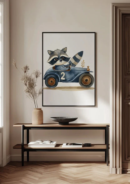 Schattige Wasbeer Blauwe Raceauto Nummer Twee Kinderkamer Schilderij