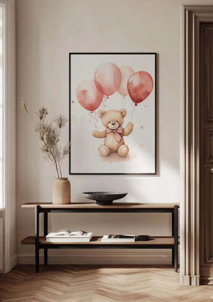 Teddybeer Roze Ballonnen Kinderkamer Schattig Aquarel Schilderij