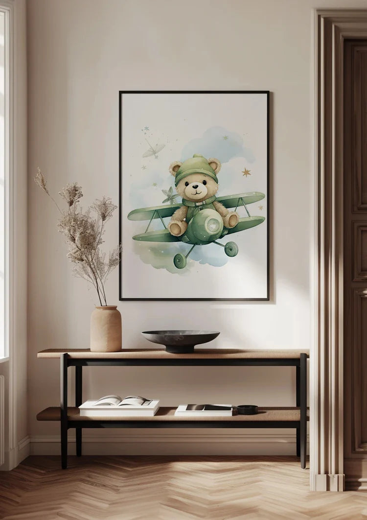 Teddybär Grün Flugzeug Sterne Kinderzimmer Aquarellmalerei