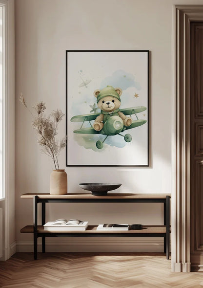 Teddybär Grün Flugzeug Sterne Kinderzimmer Aquarellmalerei