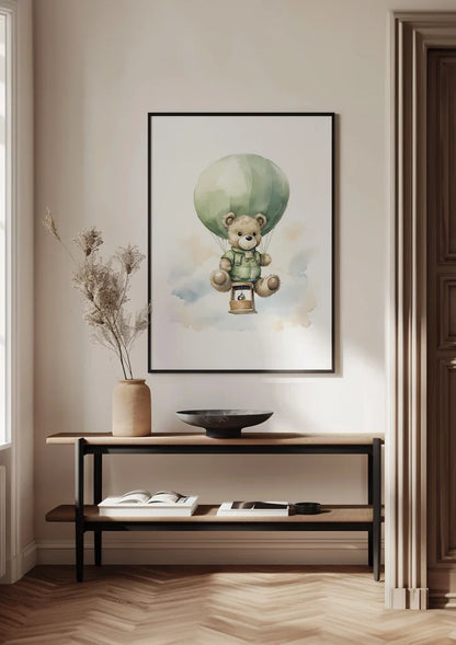 Teddybär Grüner Heißluftballon Wolken Kinderzimmer Aquarell Gemälde