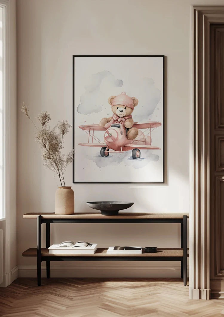 Teddybär Rosa Flugzeug Wolken Kinderzimmer Aquarell Malerei