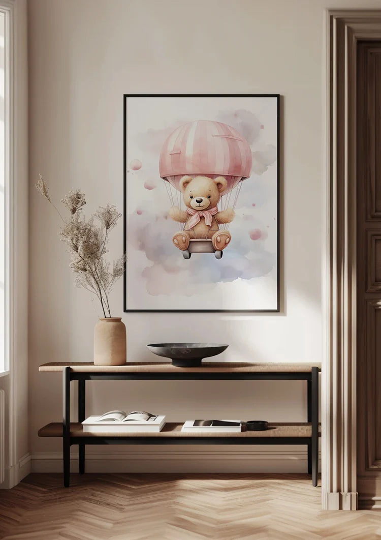 Niedlicher Teddybär Rosa Heißluftballon Wolken Verträumtes Kinderzimmer Gemälde