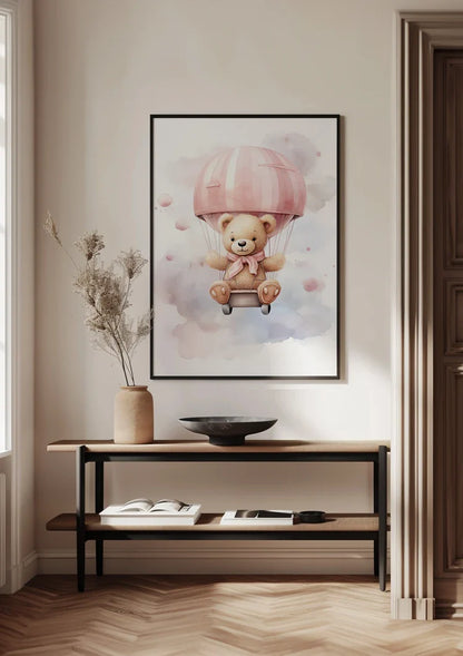 Niedlicher Teddybär Rosa Heißluftballon Wolken Verträumtes Kinderzimmer Gemälde