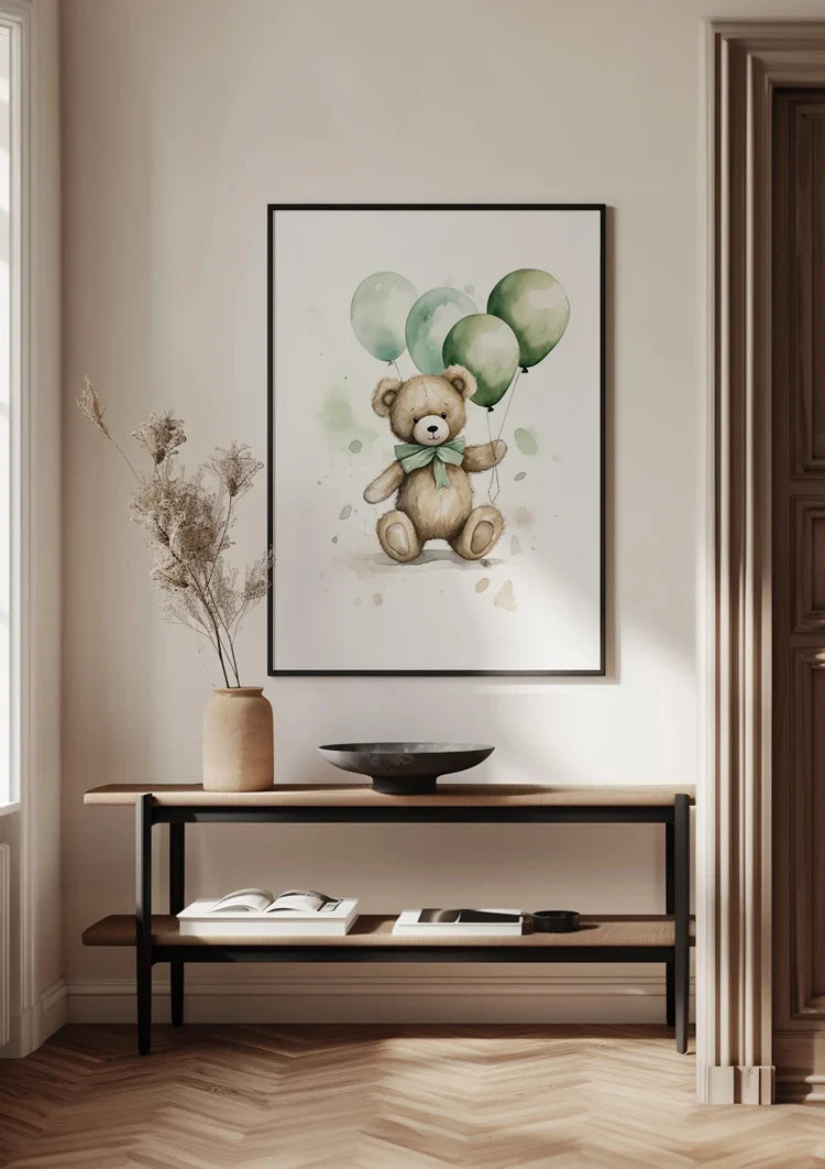 Niedlicher Teddybär Brauner Pelz Grüne Ballons Schleife Kinderzimmer Gemälde