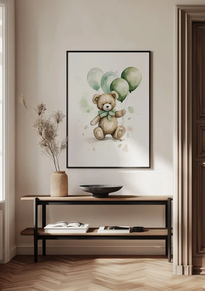 Niedlicher Teddybär Brauner Pelz Grüne Ballons Schleife Kinderzimmer Gemälde