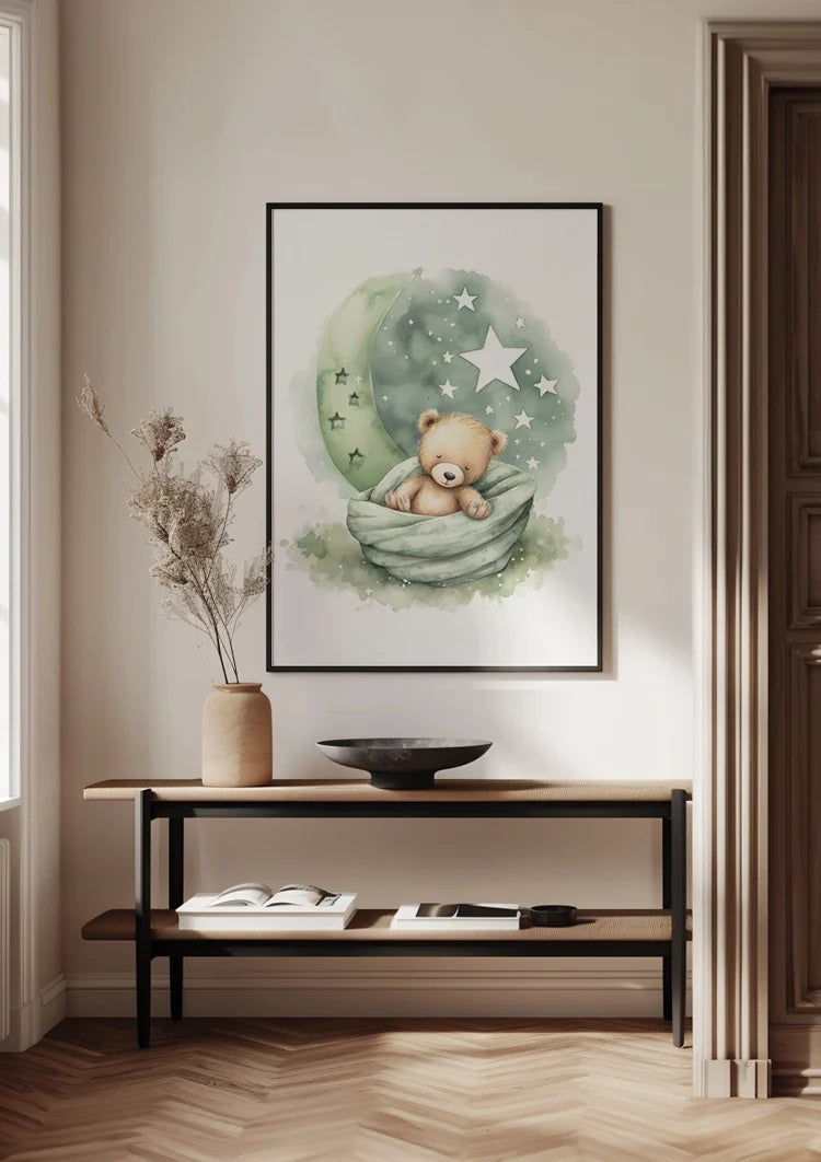 Schlafender Teddybär Grüne Mond Sterne Decke Verträumtes Kinderzimmer Gemälde