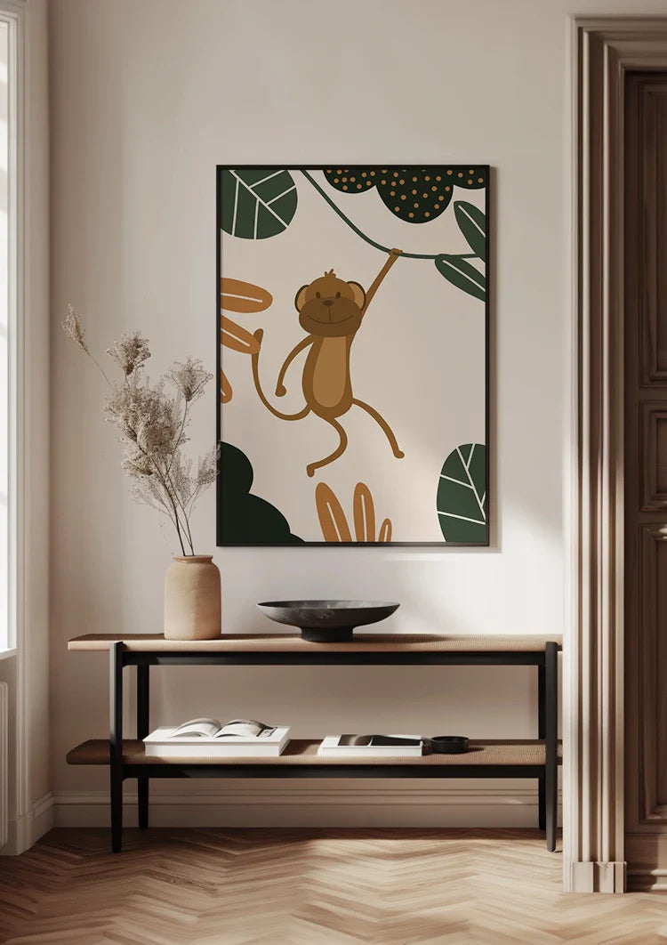 Lachender Affe Liane Grüne Blätter Verspielter Dschungel Kinderzimmer Gemälde