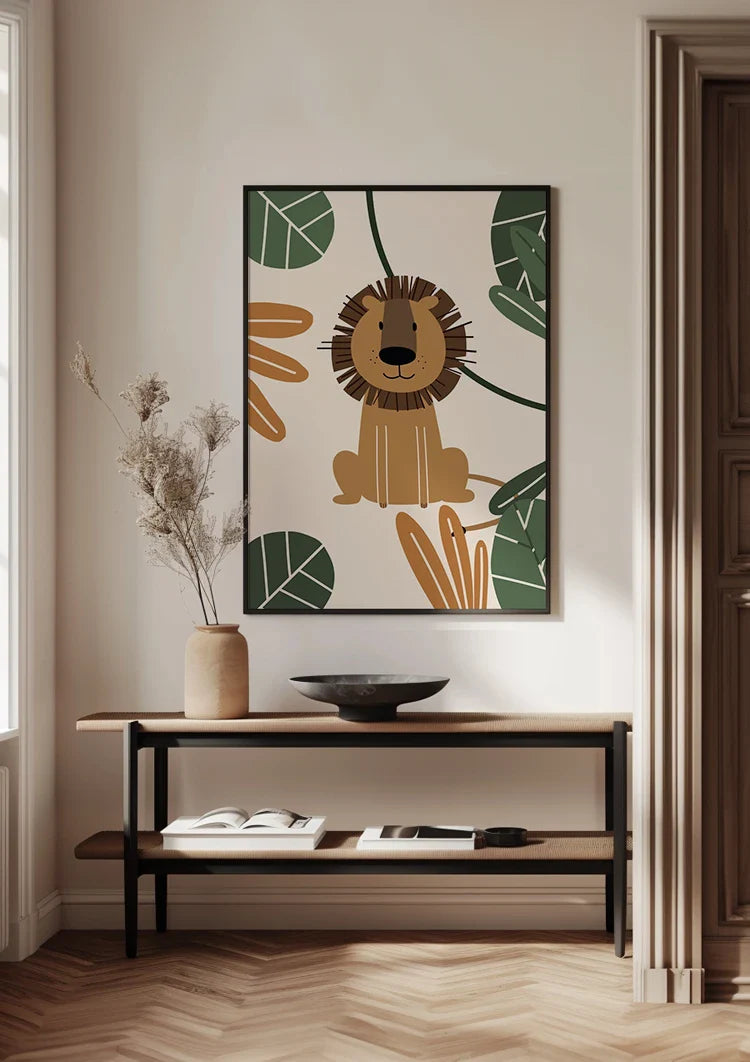 Niedliche Löwen-Illustration Tropische Blätter Dschungel Kinderzimmer-Gemälde