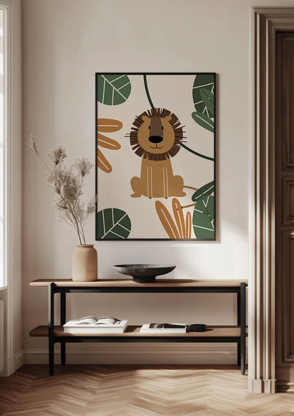 Niedliche Löwen-Illustration Tropische Blätter Dschungel Kinderzimmer-Gemälde
