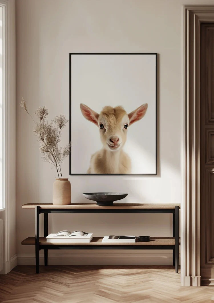 Niedliche Ziege Große rosa Ohren Neugieriger Blick Helles Porträt Gemälde