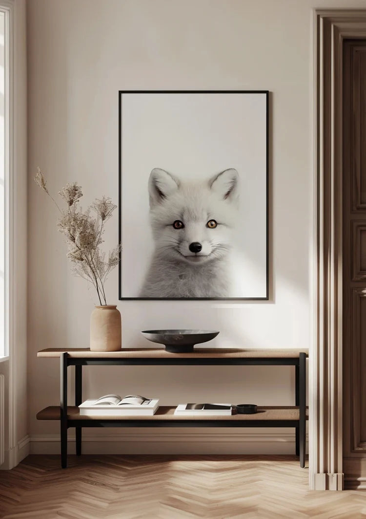 Weißer Fuchs Zwei Farbige Augen Weiches Fell Porträt Minimalistisches Gemälde