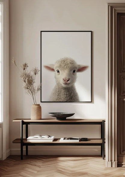Niedliches Lamm Lockige Wolle Rosa Ohren Weiß Porträt Minimalistisches Gemälde