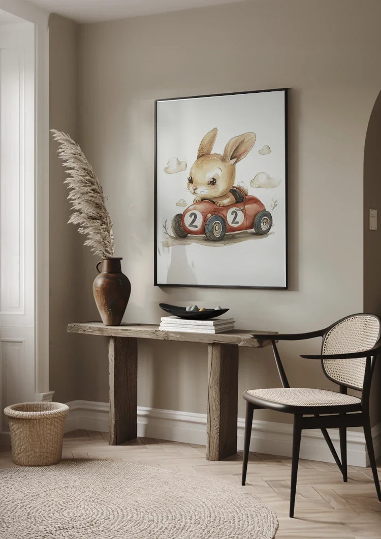 Cute Bunny in Red Race Car Nursery Illustration Painting