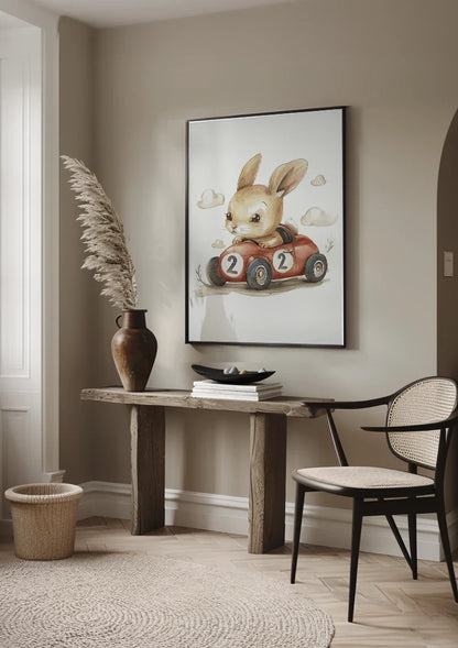 Cute Bunny in Red Race Car Nursery Illustration Painting