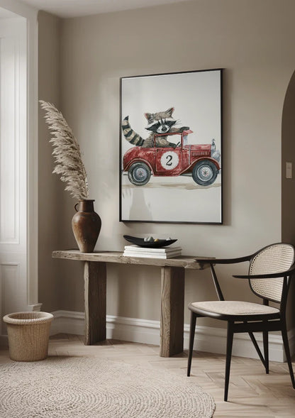 Niedliches Waschbär Rotes Vintage-Rennwagen Kinderzimmer Wandbild
