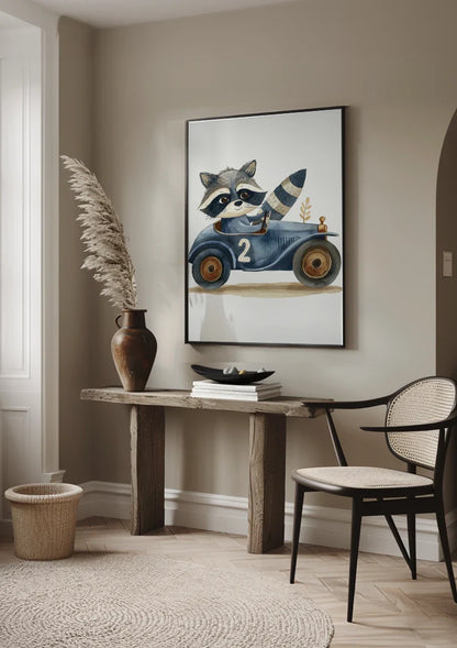 Schattige Wasbeer Blauwe Raceauto Nummer Twee Kinderkamer Schilderij