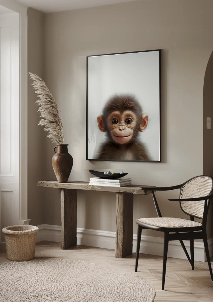 Jong Aapje Grote Ogen Portret Witte Achtergrond Schilderij