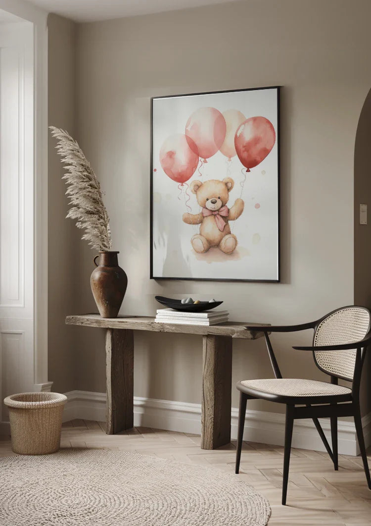 Teddybeer Roze Ballonnen Kinderkamer Schattig Aquarel Schilderij
