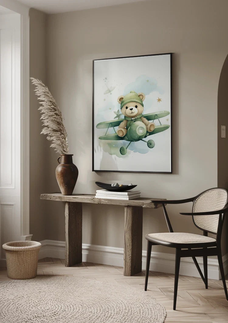 Teddybär Grün Flugzeug Sterne Kinderzimmer Aquarellmalerei