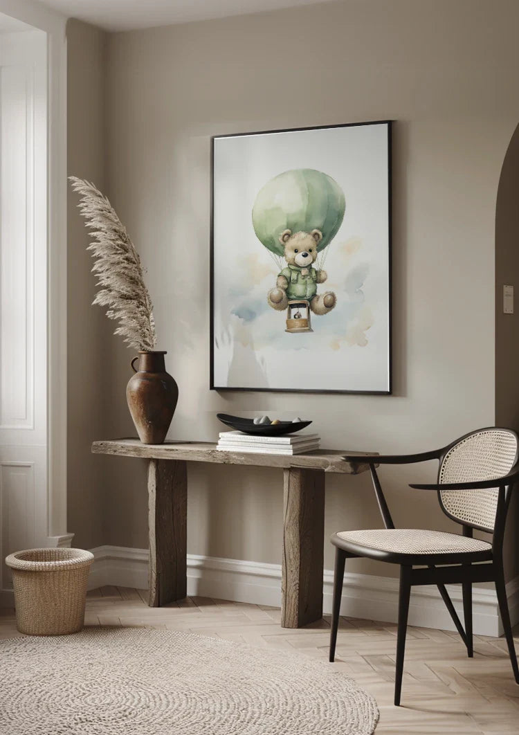 Teddybär Grüner Heißluftballon Aquarell Kinderzimmer Gemälde