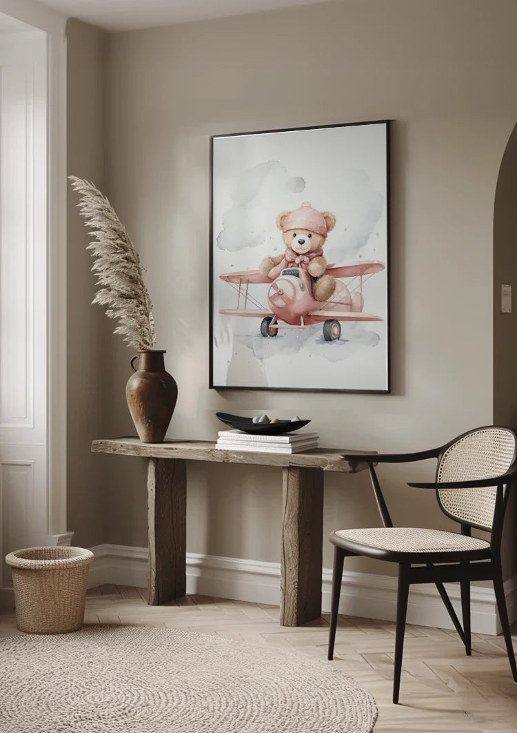 Teddybär Rosa Flugzeug Wolken Kinderzimmer Aquarell Malerei