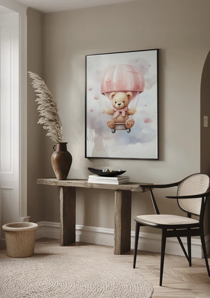 Niedlicher Teddybär Rosa Heißluftballon Wolken Verträumtes Kinderzimmer Gemälde