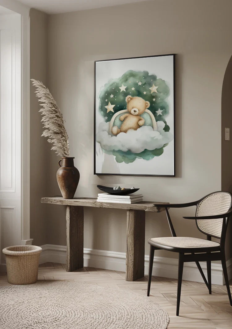 Schlafender Teddybär Wolke Sterne Aquarell Verträumtes Kinderzimmergemälde