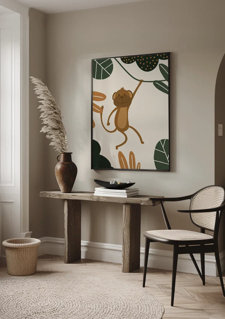 Lachender Affe Liane Grüne Blätter Verspielter Dschungel Kinderzimmer Gemälde