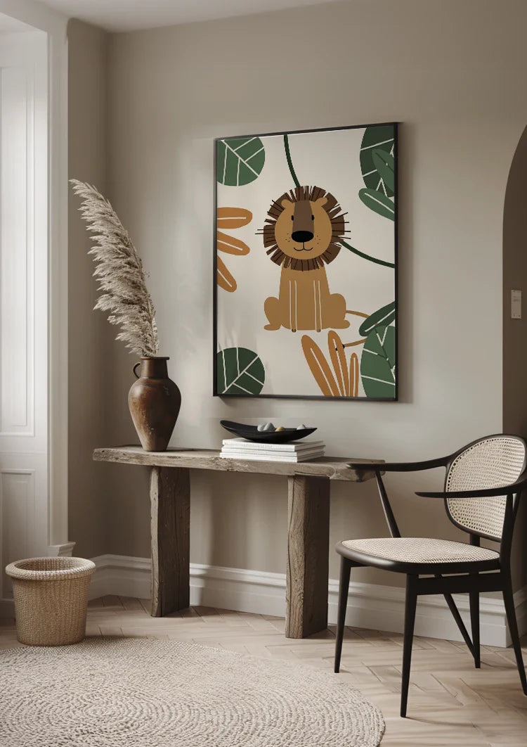 Niedliche Löwen-Illustration Tropische Blätter Dschungel Kinderzimmer-Gemälde