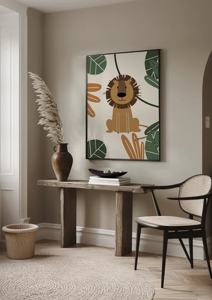 Niedliche Löwen-Illustration Tropische Blätter Dschungel Kinderzimmer-Gemälde
