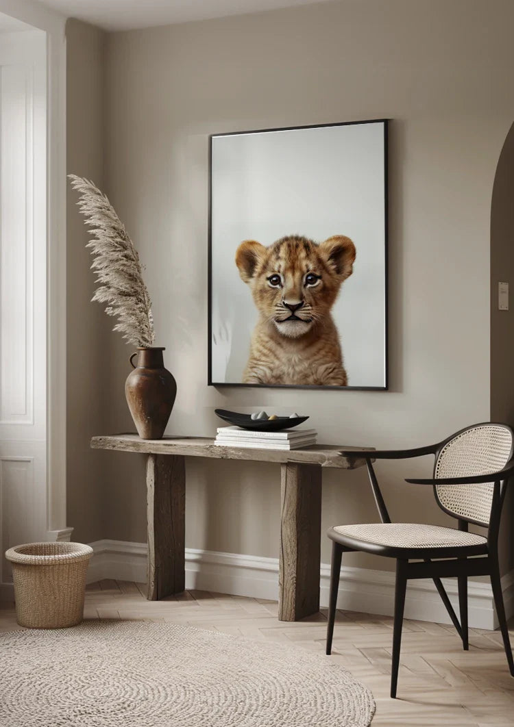 Niedliches Löwenjunges Goldenes Fell Große Augen Verspielt Porträt Gemälde