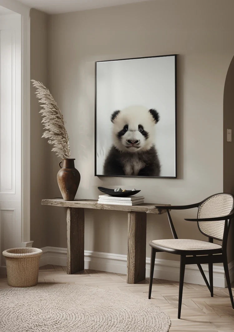 Niedlicher Pandabär Große Augen Schwarz-weißes Fell Spielerisches Porträt Gemälde