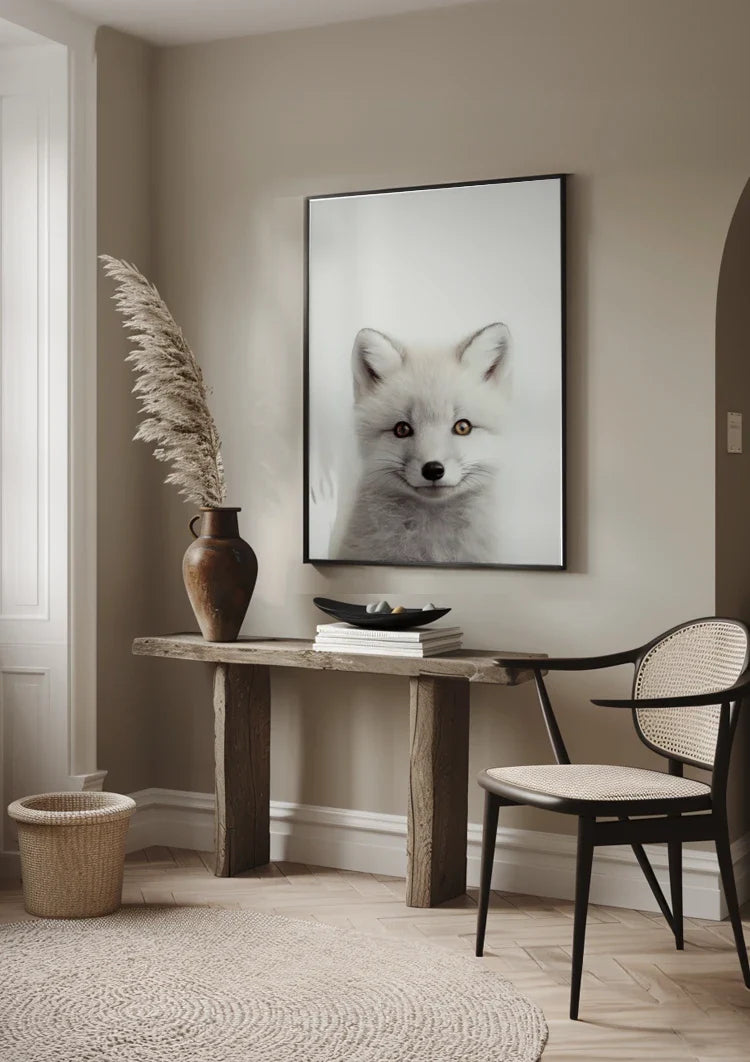 Weißer Fuchs Zwei Farbige Augen Weiches Fell Porträt Minimalistisches Gemälde