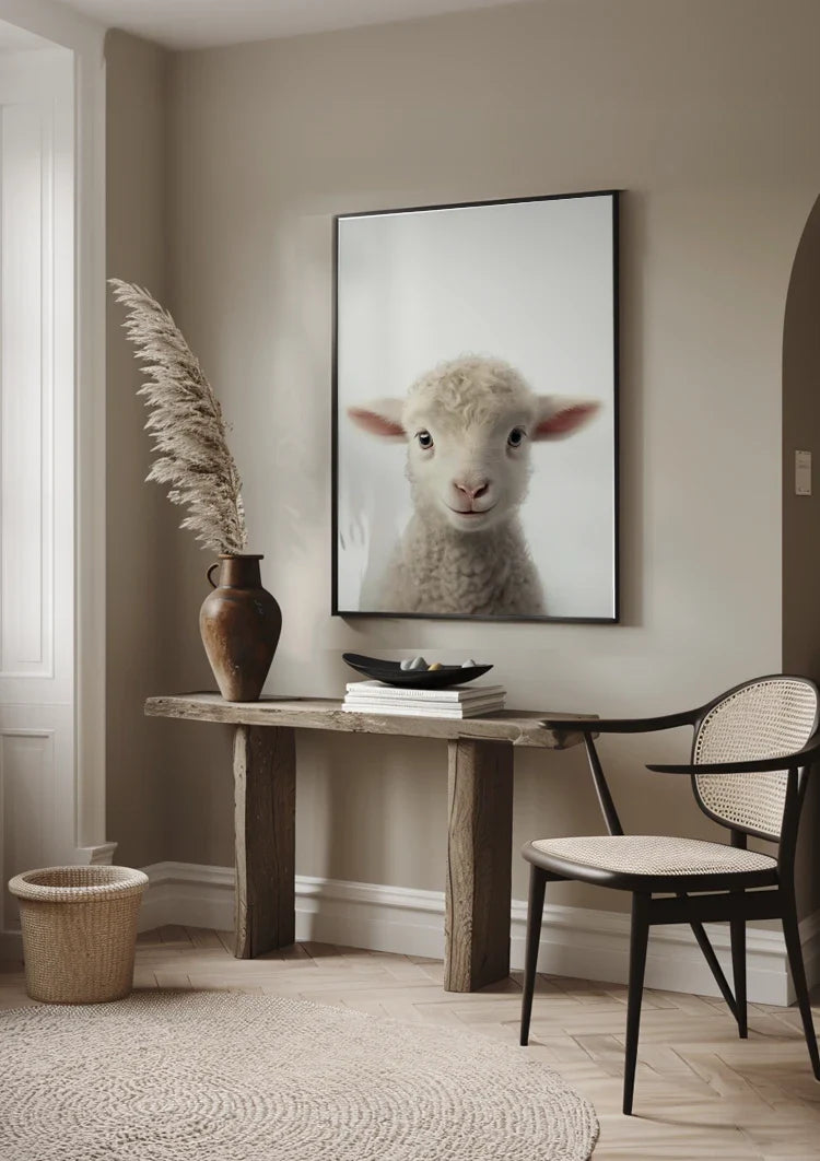 Niedliches Lamm Lockige Wolle Rosa Ohren Weiß Porträt Minimalistisches Gemälde