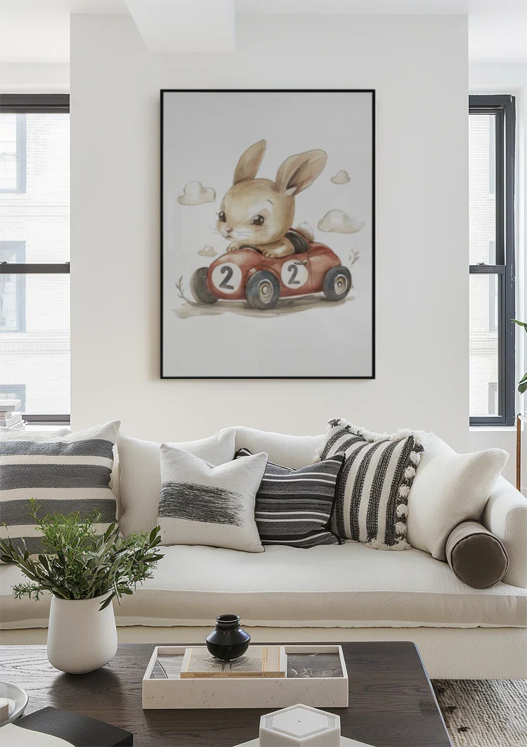 Cute Bunny in Red Race Car Nursery Illustration Painting