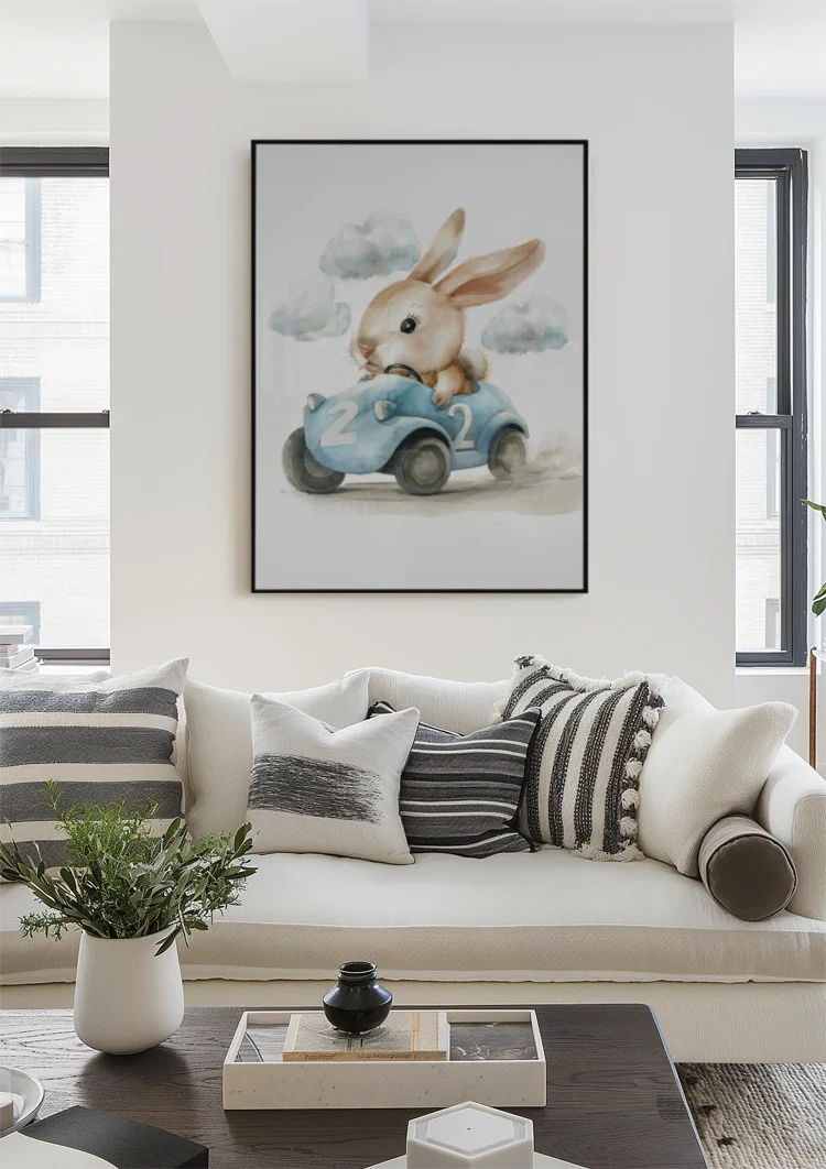 Cute Bunny in Blue Race Car Nursery Illustration Painting