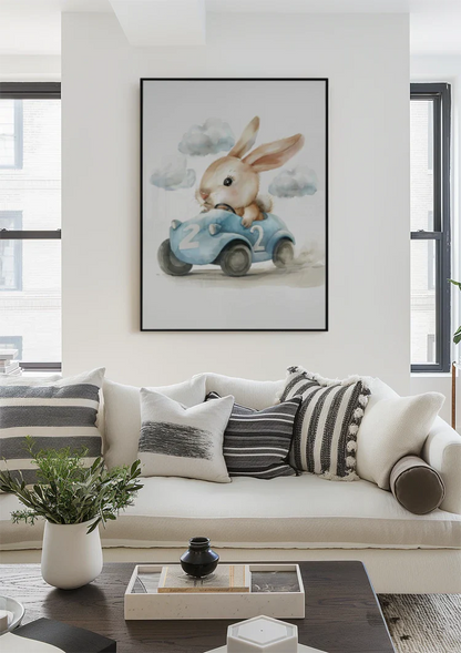 Cute Bunny in Blue Race Car Nursery Illustration Painting
