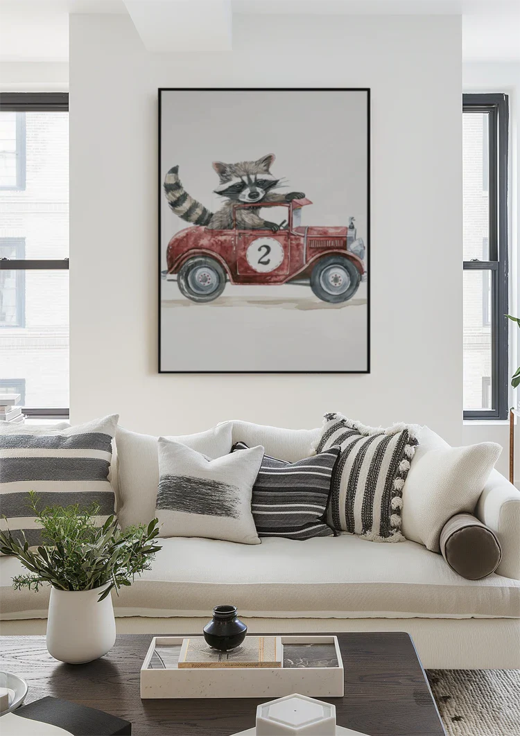 Niedliches Waschbär Rotes Vintage-Rennwagen Kinderzimmer Wandbild
